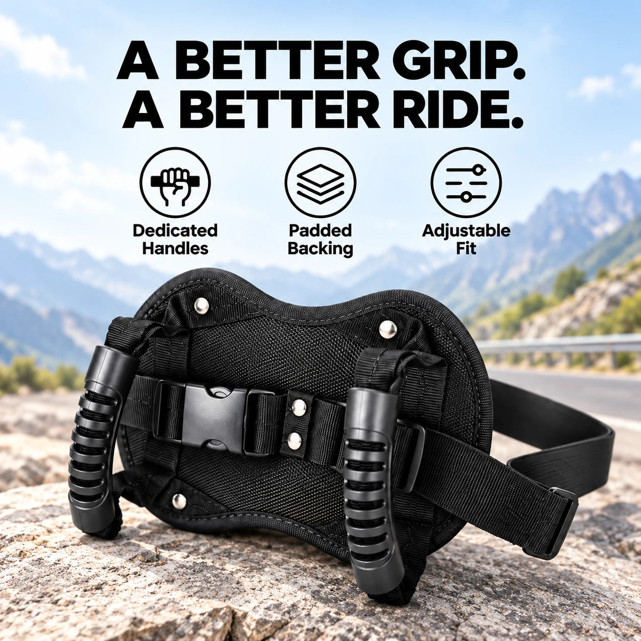 Black passenger grip belt with two ribbed handles