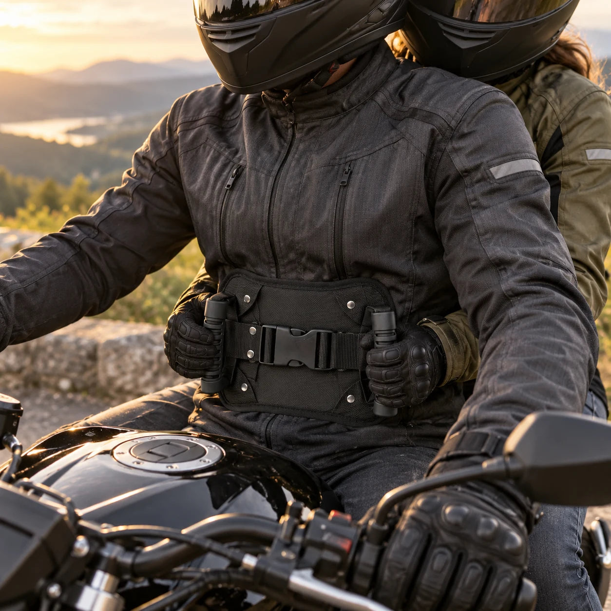 Passenger holding the waist-mounted grips on a parked motorcycle